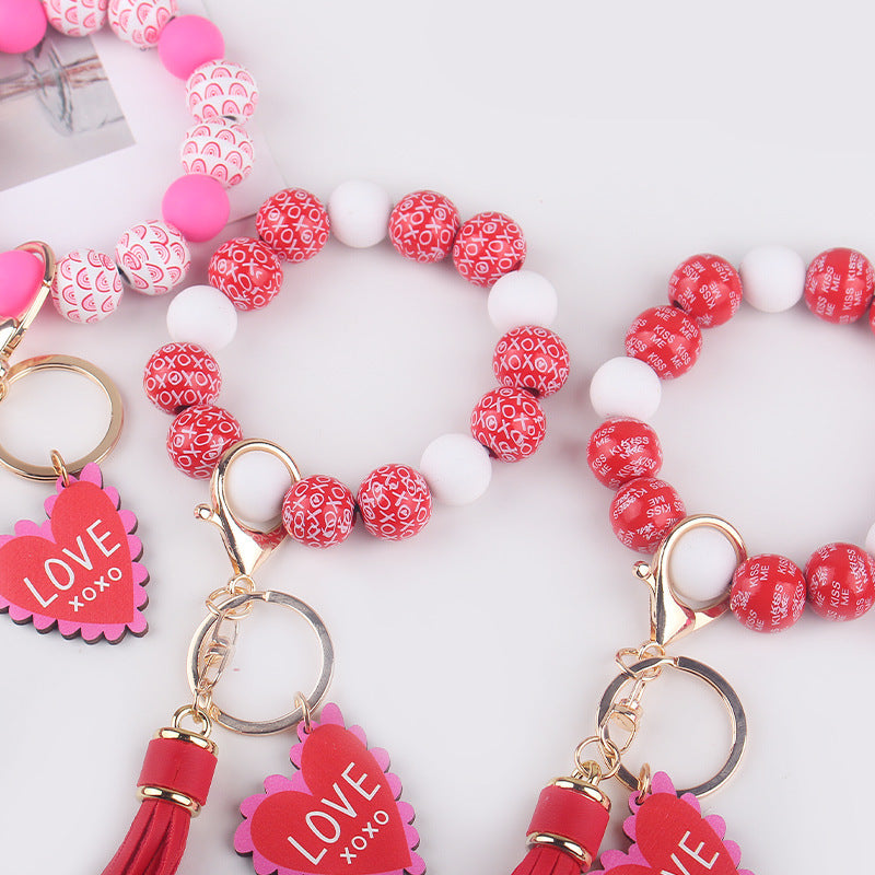 Wholesale Leather PU Tassel Valentine's Day Wooden Beaded Bracelet Keychain