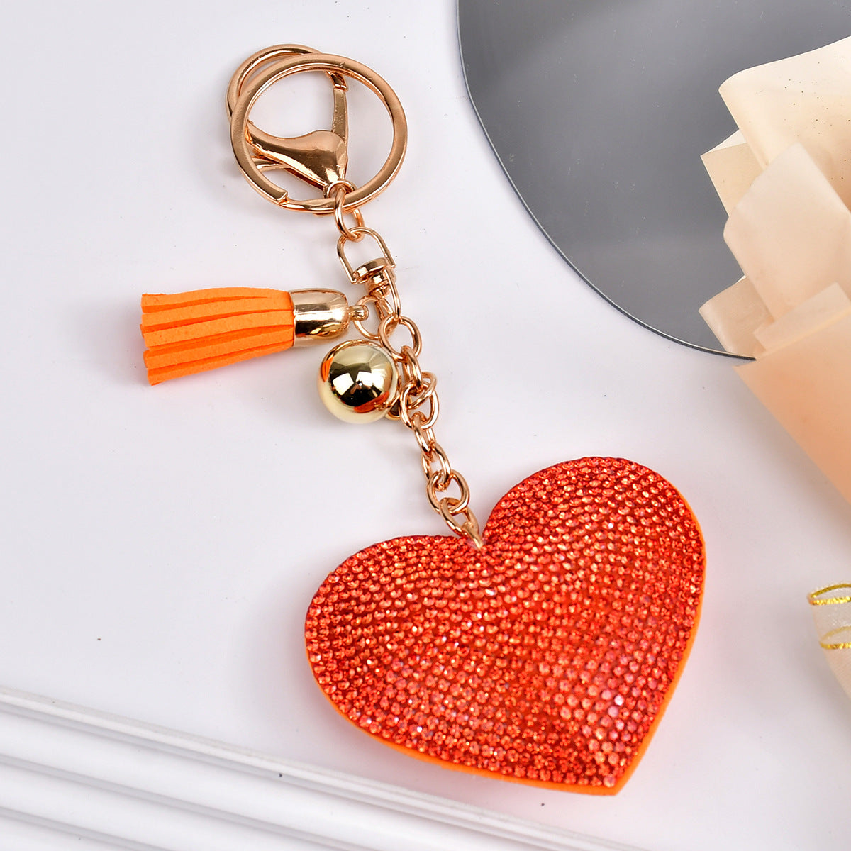Wholesale  Peach Heart Rhinestone Leather Keychain