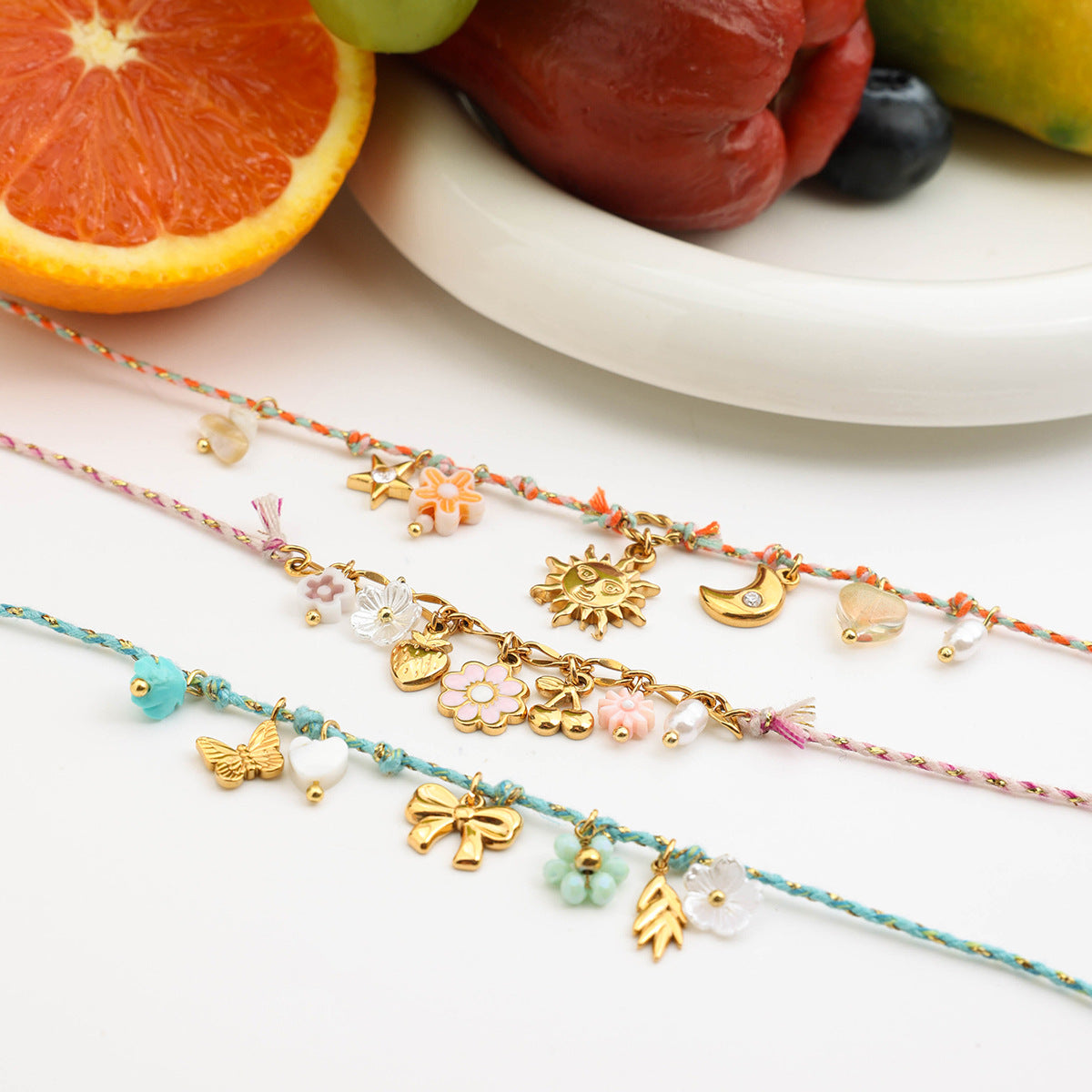 Wholesale 18K Gold Stainless Steel Pearl Shell Pink Oil Dripping Flower Cherry Necklace