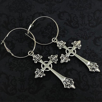 Wholesale Gothic Cross Pendant Earrings Set Silver Tone Fashion Statement Jewelry for Women Gift
