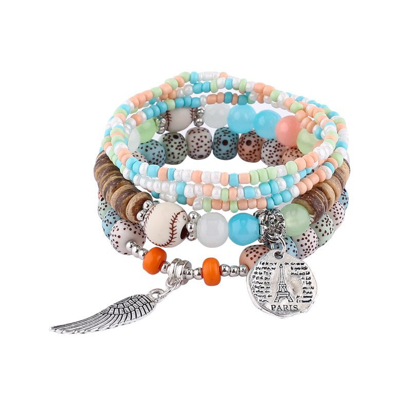 Wholesale colorful bohemian ethnic style multi-layer elastic rice beads bracelet