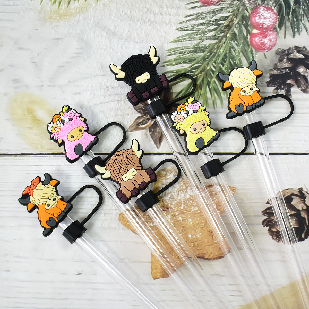 Wholesale  Random 100pcs Highland Cow Series 10mm PVC Soft Straw Tube Cap