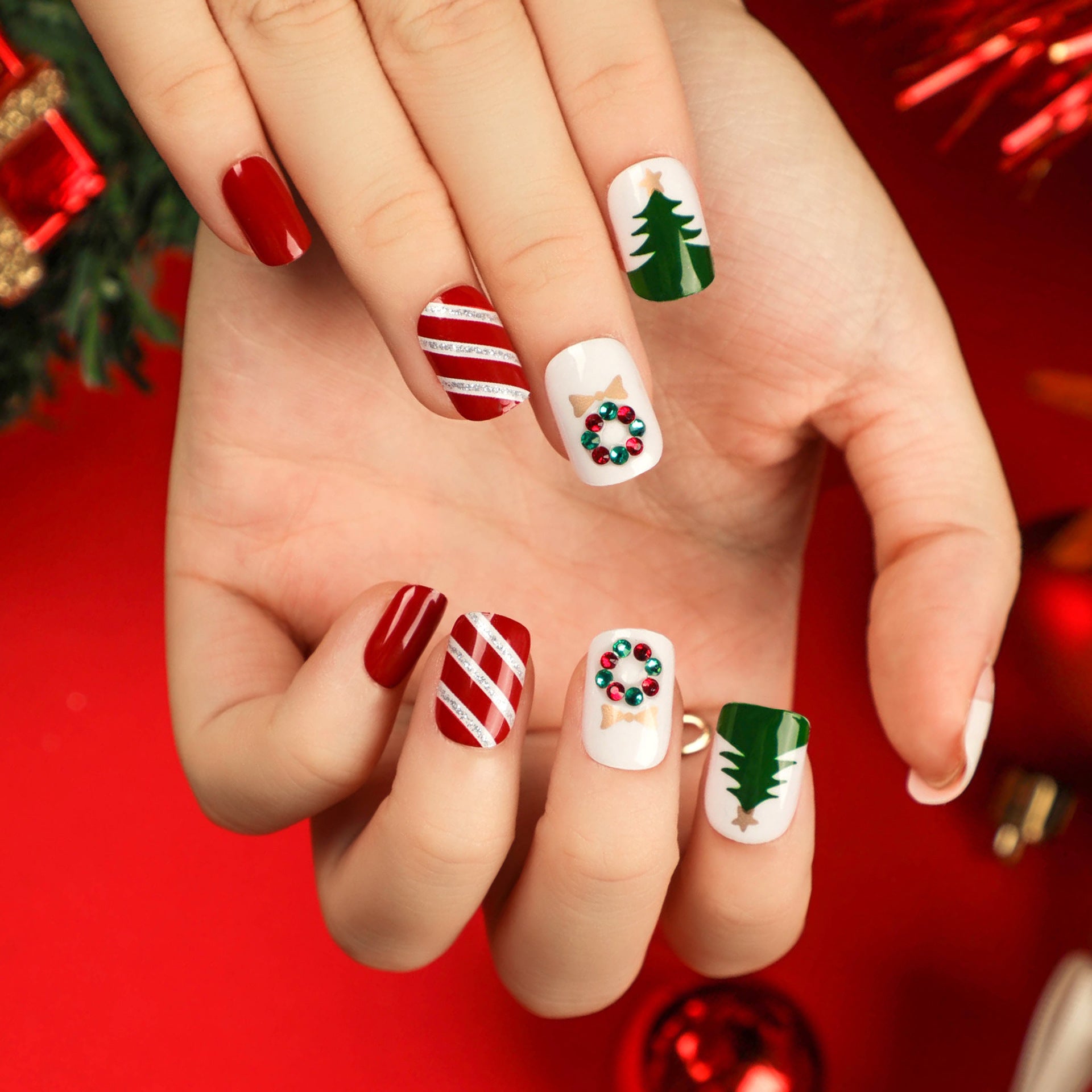 Wholesale 24 Pieces/box Christmas Candy Press-on Nails Kits Nail Stickers ACC-NS-LeFan028