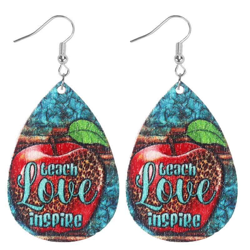 Wholesale Learning Leopard Apple Books Drop-shaped Wooden Earrings
