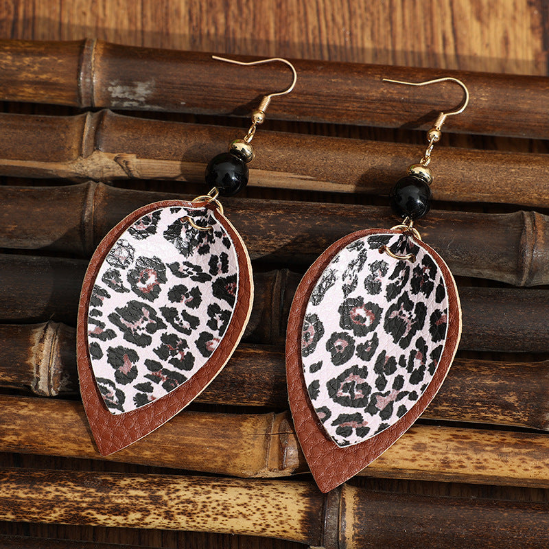 Wholesale leopard print leather earrings, double-layered leopard print teardrop-shaped leather earrings