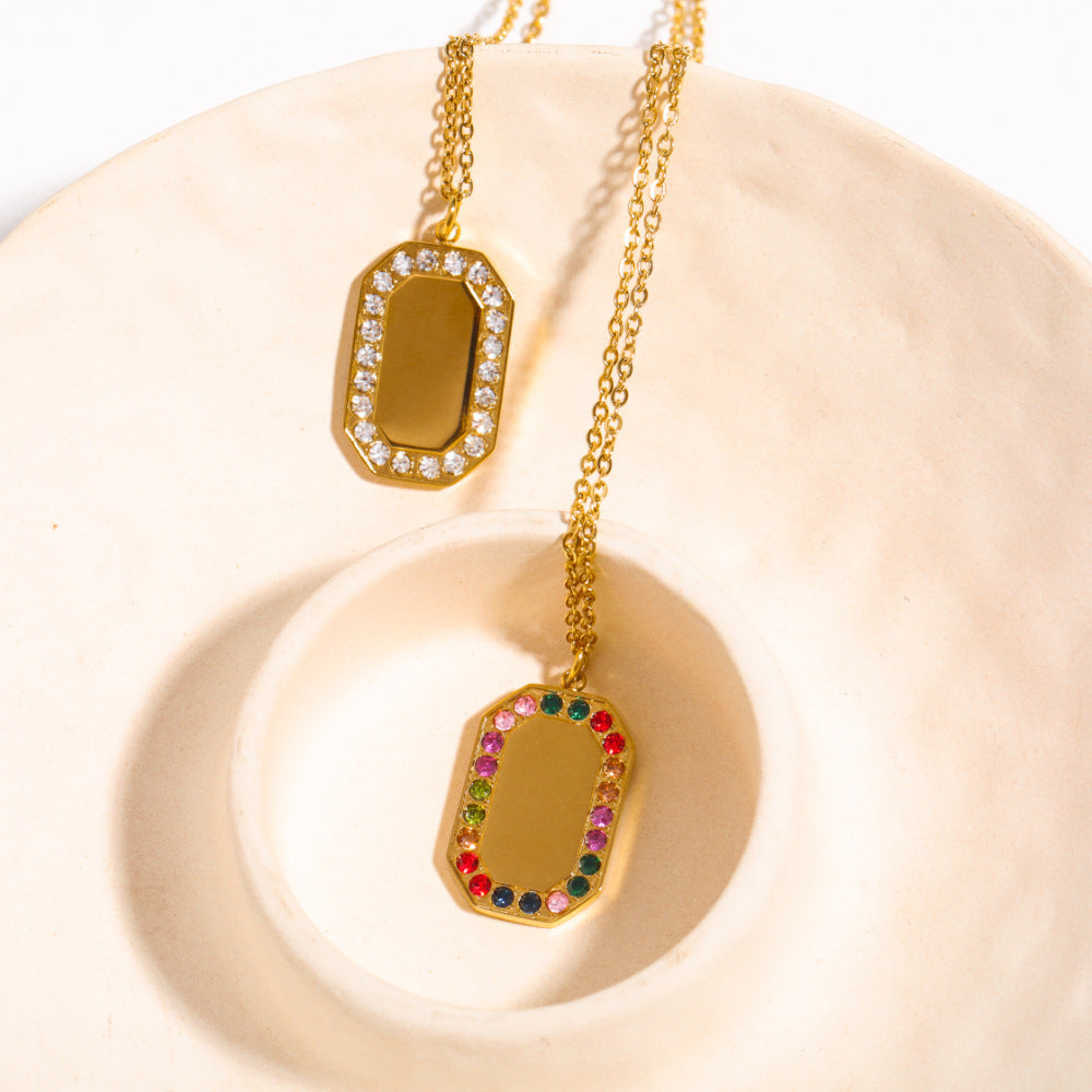 Wholesale inlaid diamond square necklace stainless steel colored zircon pendant sweater chain