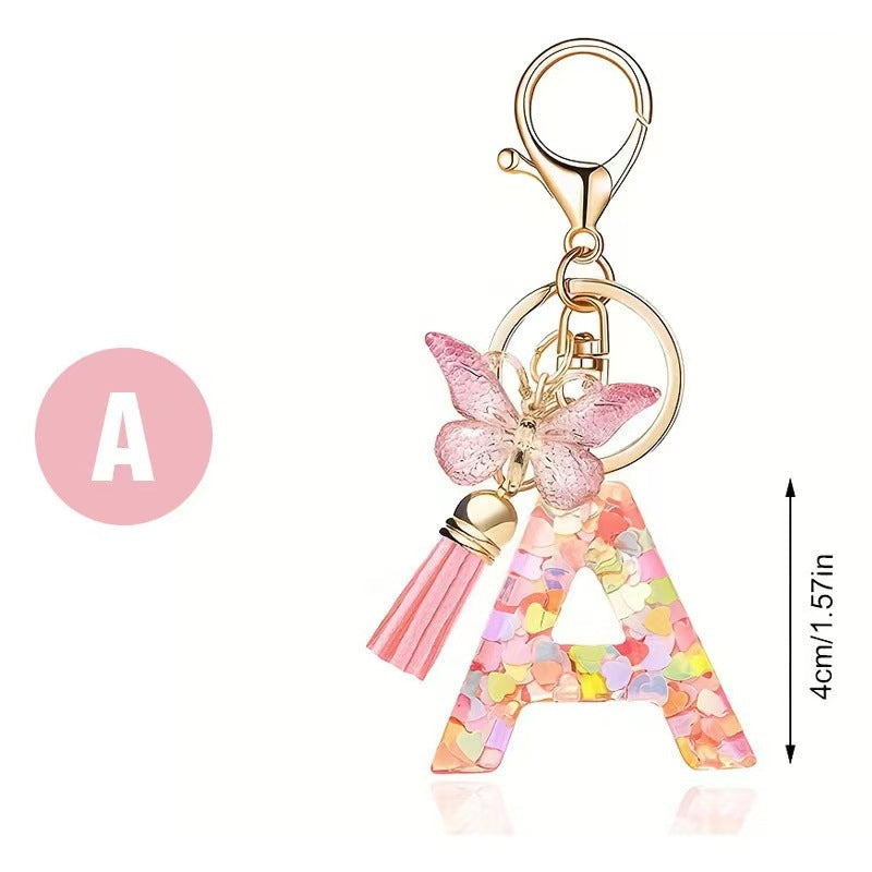 Wholesale Trendy Cute 26 Piece Alphabet Initial Keychain Set With Tassel Butterfly Pendant Bag Charm Gift