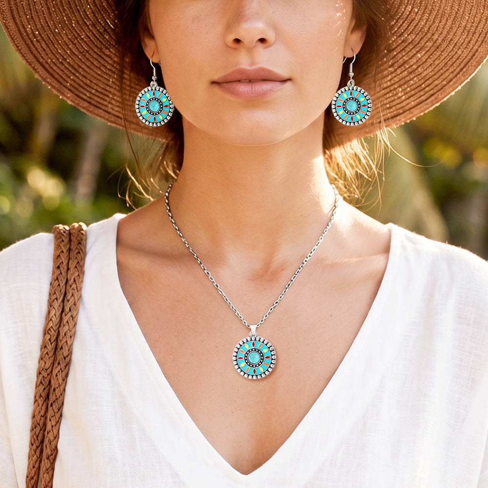 Wholesale Bohemian Sunflower Earrings and Necklace Set Retro Ethnic Style Zinc Alloy Electroplated Jewelry Accessory for Everyday Wear