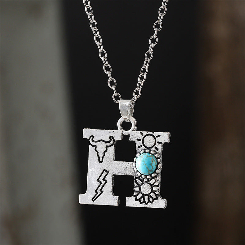 Wholesale  Retro 26 English Letter Turquoise Necklace Clavicle Chain
