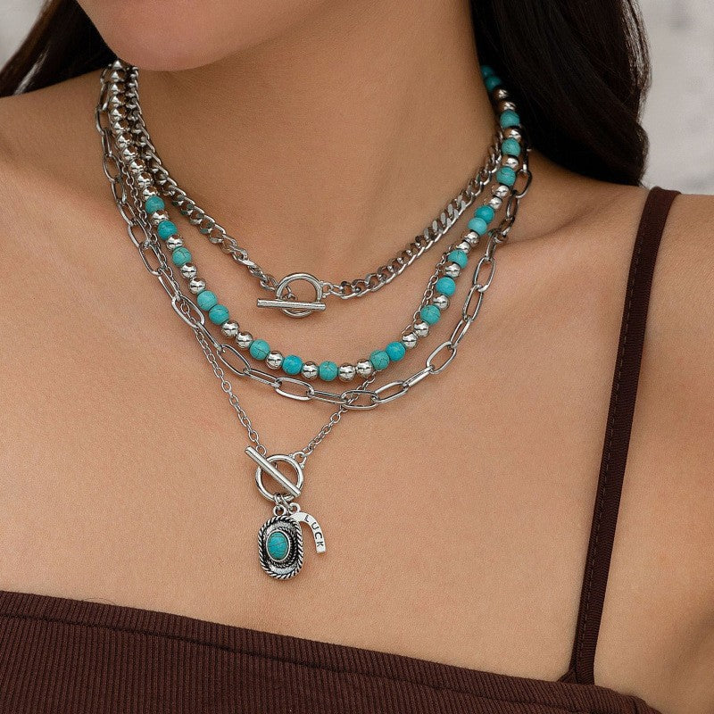Wholesale Artificial Leather Bohemian Turquoise Layered Stacking Necklace Retro Geometric Pendant Jewelry Accessory