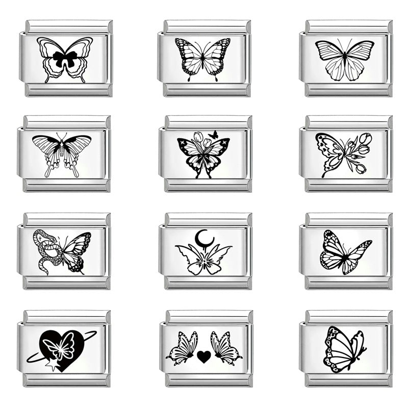 Wholesale Italian Charm Bracelet 9mm DIY Splicing Black and White Lettering Butterfly Titanium Steel Composable Bracelet
