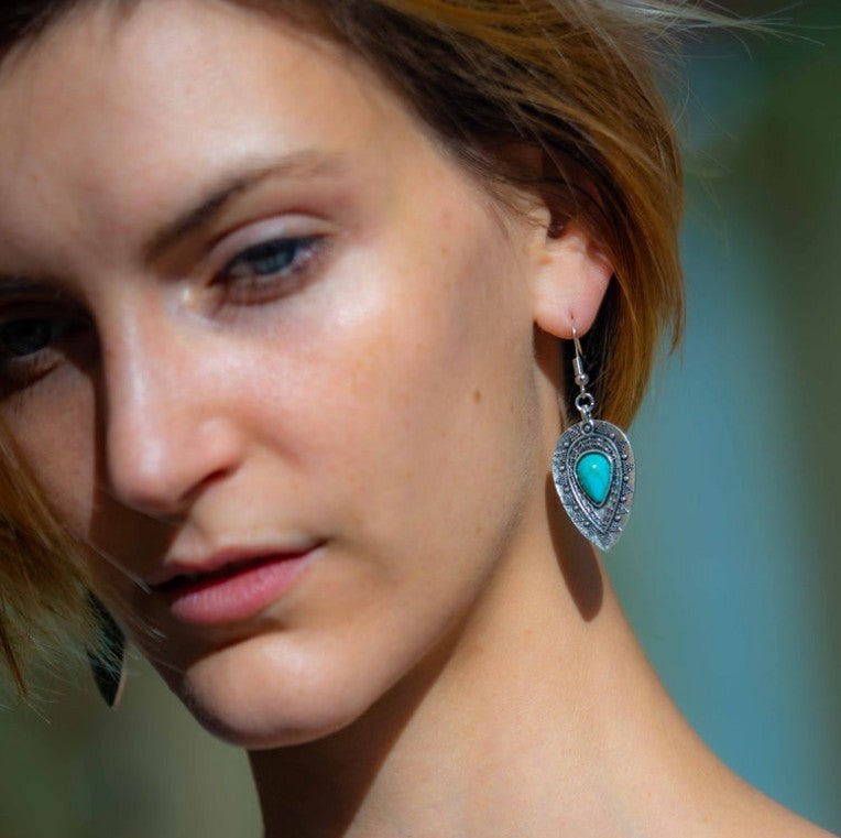 Wholesale  Retro Bohemian Carved Water Drop Pine Stone Earrings