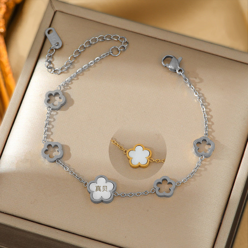 Wholesale Korean Fashion White Shell Five-Leaf Flower Hollow Bracelet Titanium Steel Jewelry Accessory