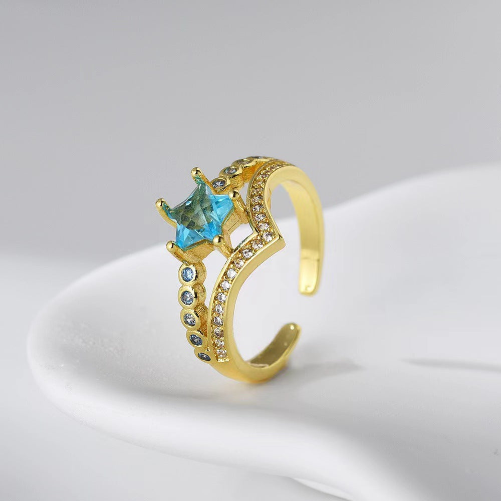Wholesale Light Luxury Ring Sea Blue Five-pointed Star Micro-inlaid Geometric Open Rings ACC-RS-YXY015