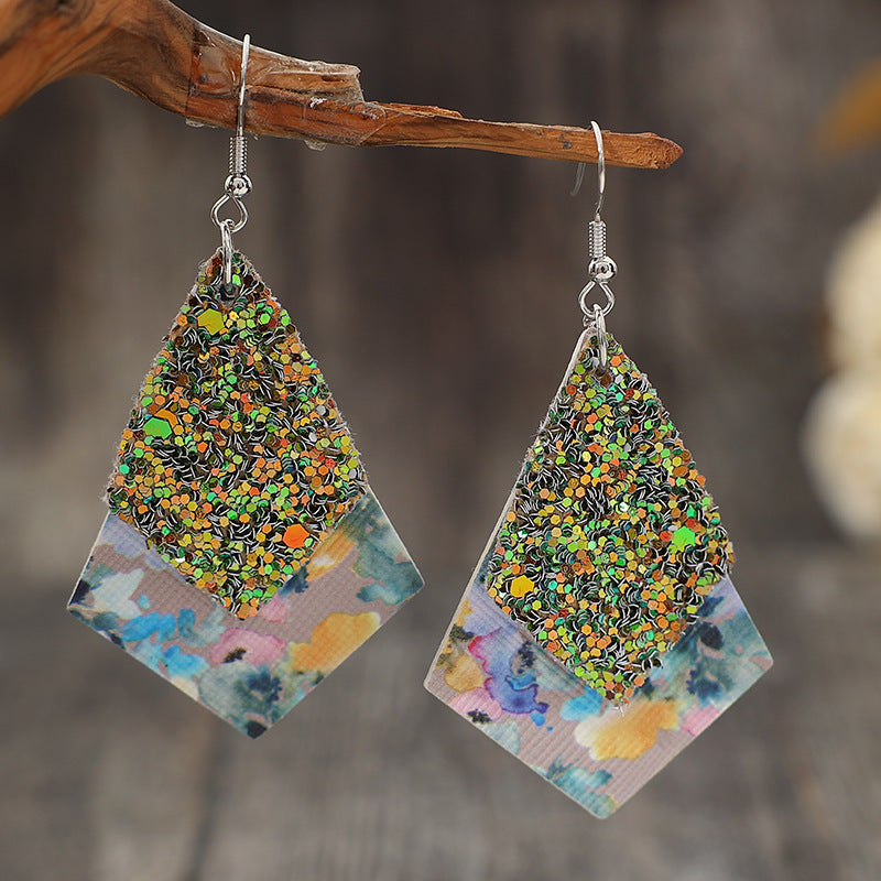 Wholesale  retro diamond sequins double-layer pattern personality trendy leather earrings