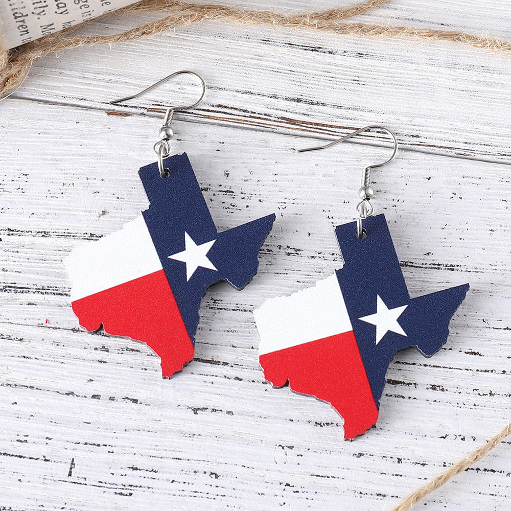 Wholesale  US Independence Day Red White Blue Stars Texas Map State Flag  Wooden Double Sided Earrings