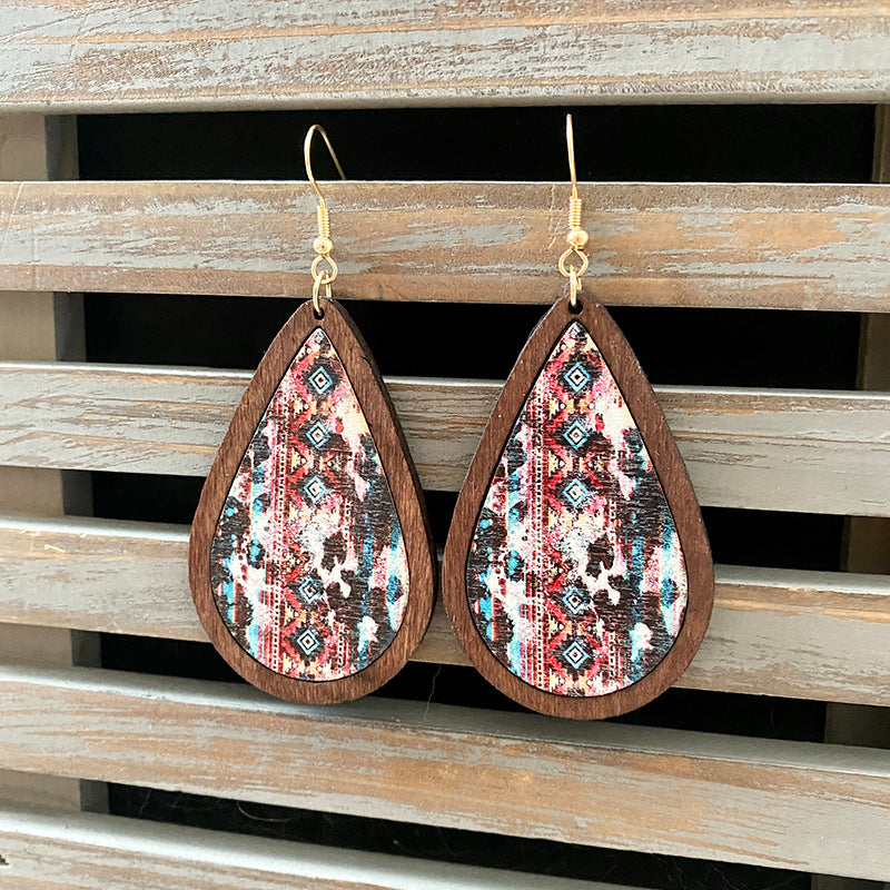 Wholesale Western Style Vintage Wood Earrings Aztec Water Drop Earrings ACC-ES-XinChuan040