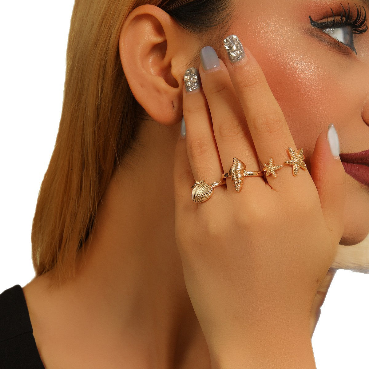 Wholesale Women S Adjustable Starfish Seashell Open Ring Set Gold Electroplated Fashion Jewelry Gift