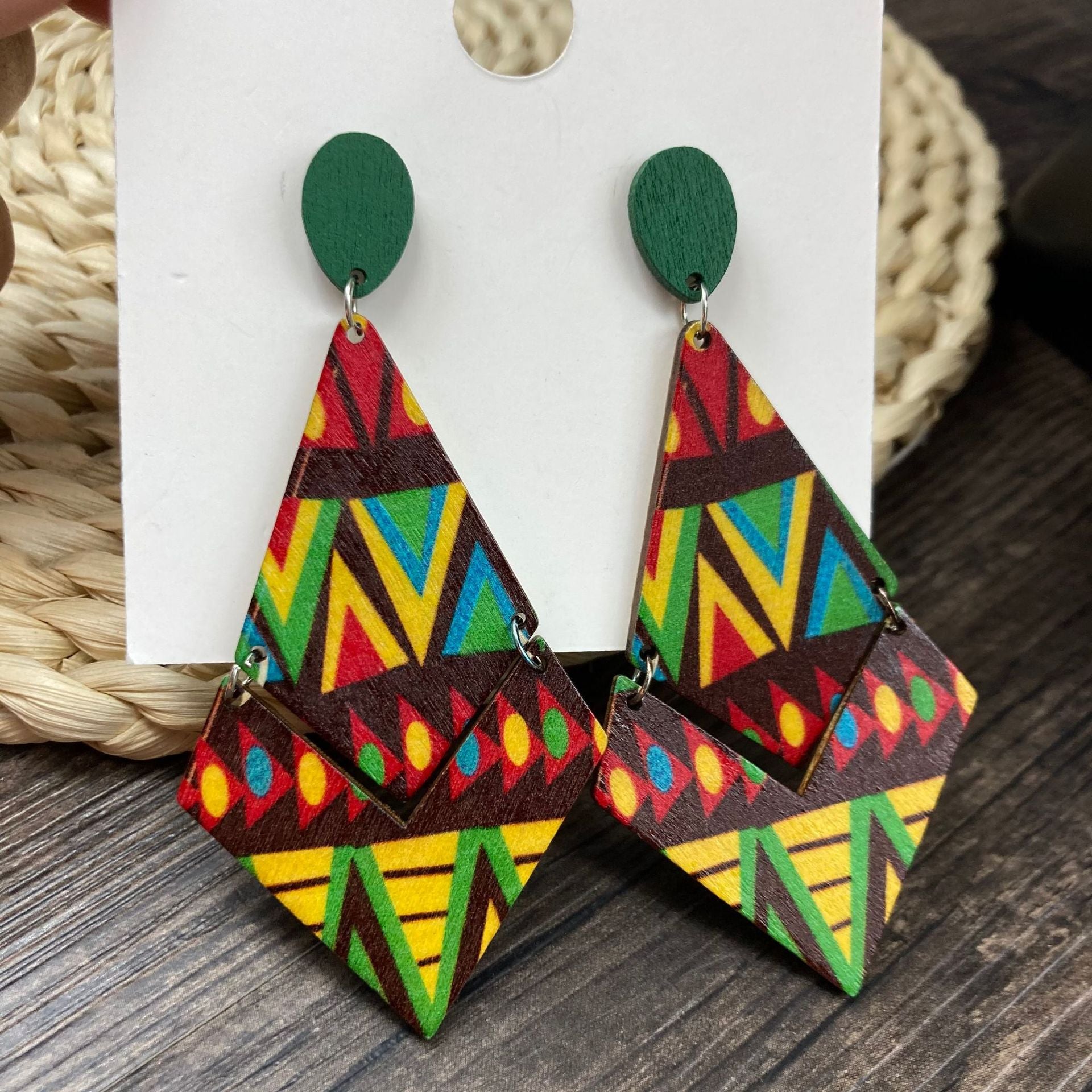 Wholesale Mid-century Style Bohemian Printed Wood Earrings ACC-ES-FX029