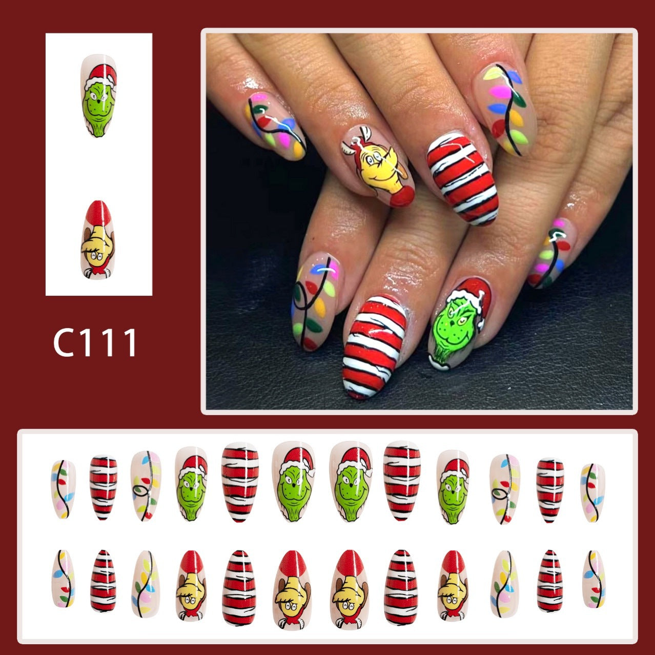 Wholesale 24 Pieces/box Christmas Red and Green Contrast Cartoon Manicure Press-on Nails Kits Nail Stickers ACC-NS-GuaiXL029