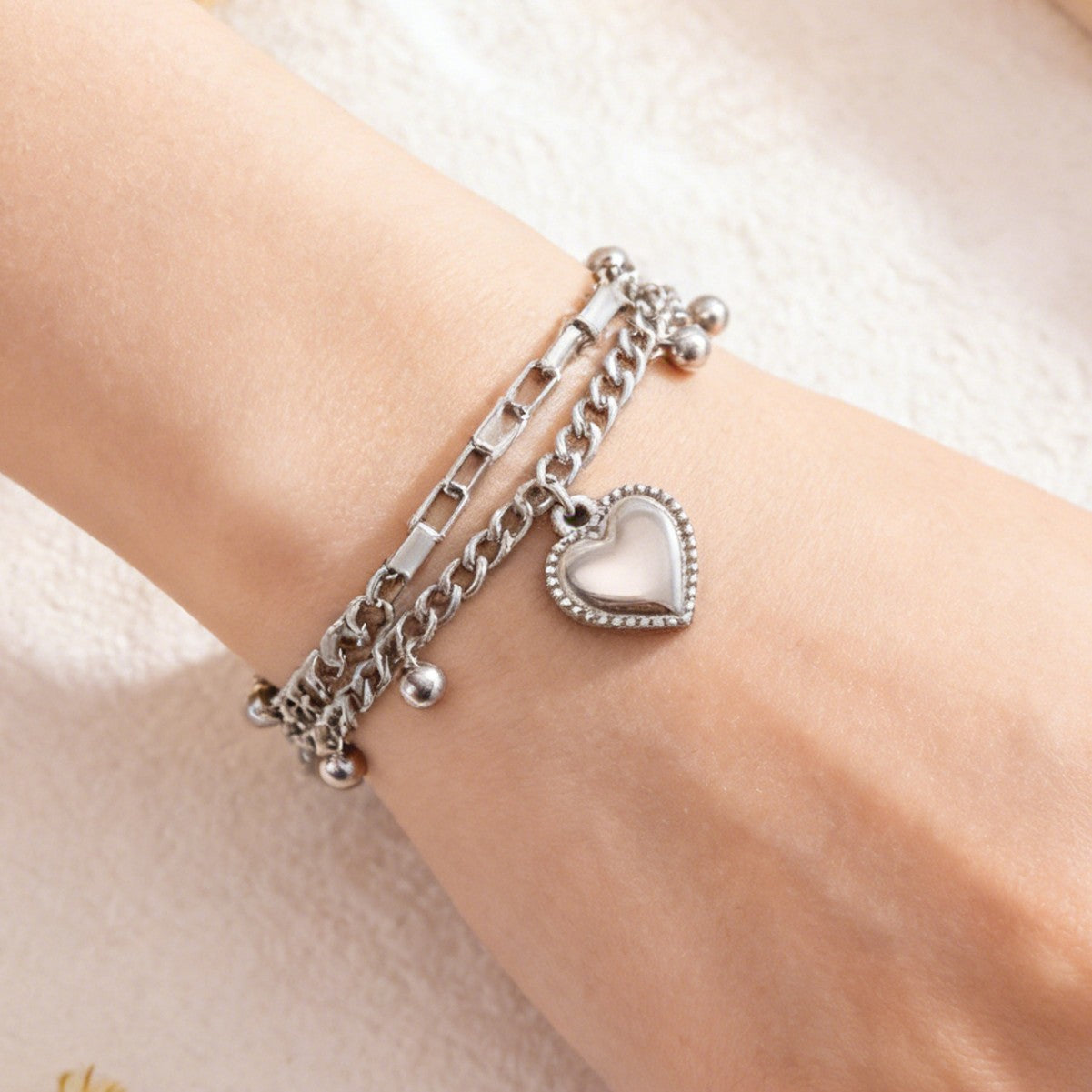 Wholesale Stainless Steel Electroplated Heart Double Layer Bracelet Women' s Fashion Accessory