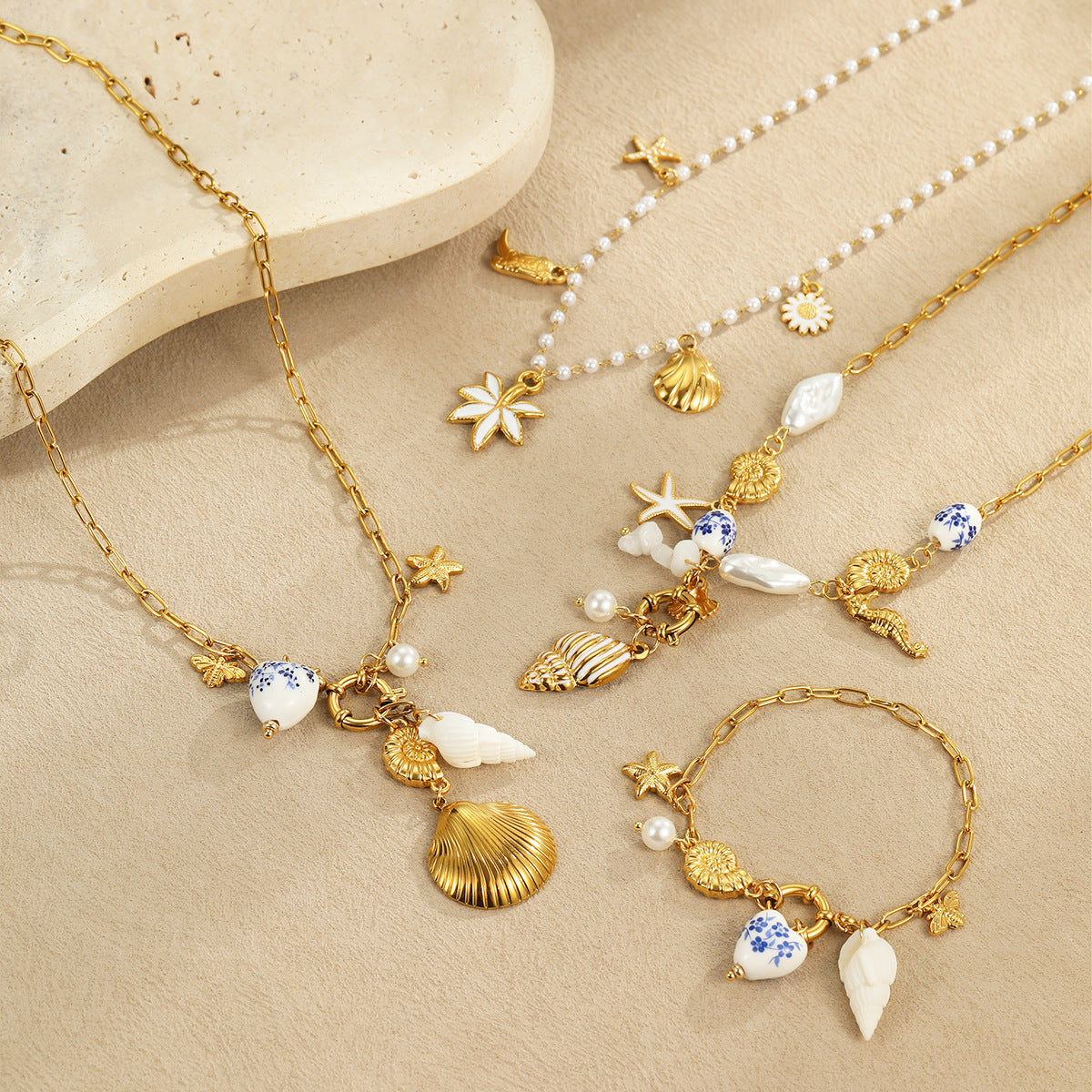 Wholesale Ocean Bracelet Necklace 18k Gold Stainless Steel Starfish Shell Conch Bead Necklaces
