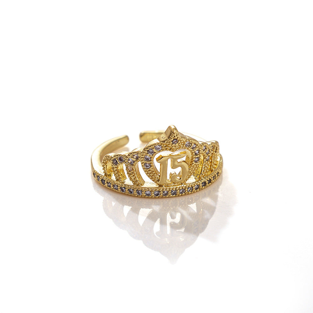 Wholesale Gold Plated Copper Zircon Open Ring with Crown Design Jewelry Accessory Gift
