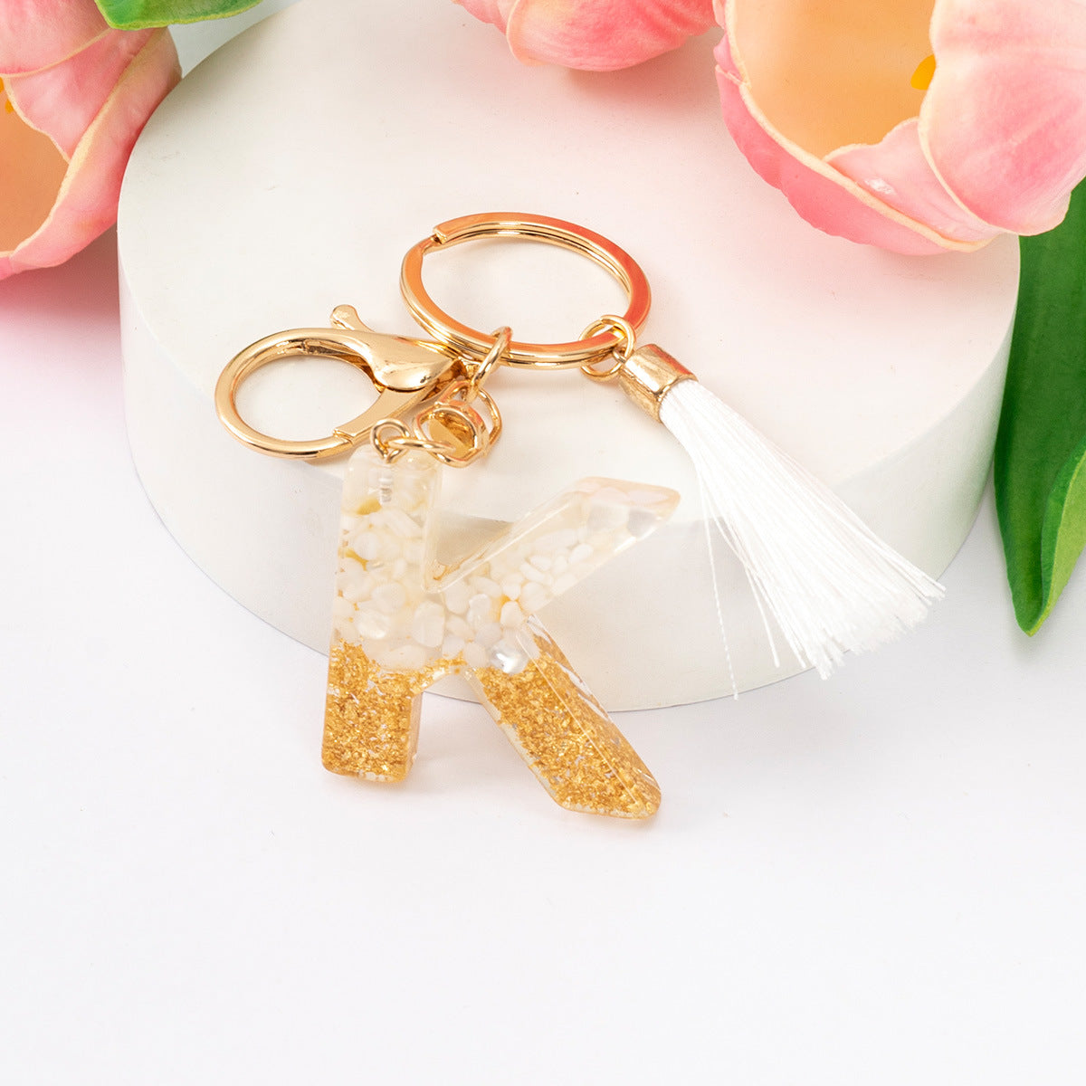 Wholesale Gold Foil New Resin Crystal Glue White Tassel Color English Digital Keychain