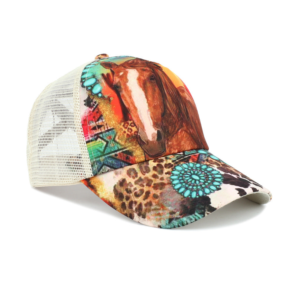 Wholesale Western Style Turquoise Horse Mesh Cap Ponytail Cap Baseball Cap Hat ACC-HT-RongZhao006