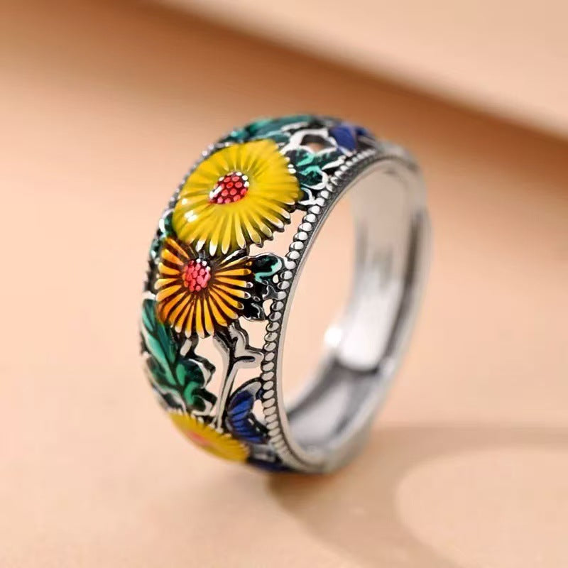 Wholesale Enamel Sunflower Ring Copper Vintage Adjustable Jaw Jewelry Accessory