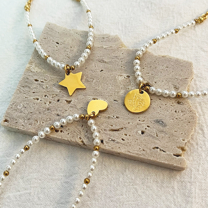 Wholesale stainless steel pearl beaded five-pointed star pendant necklace