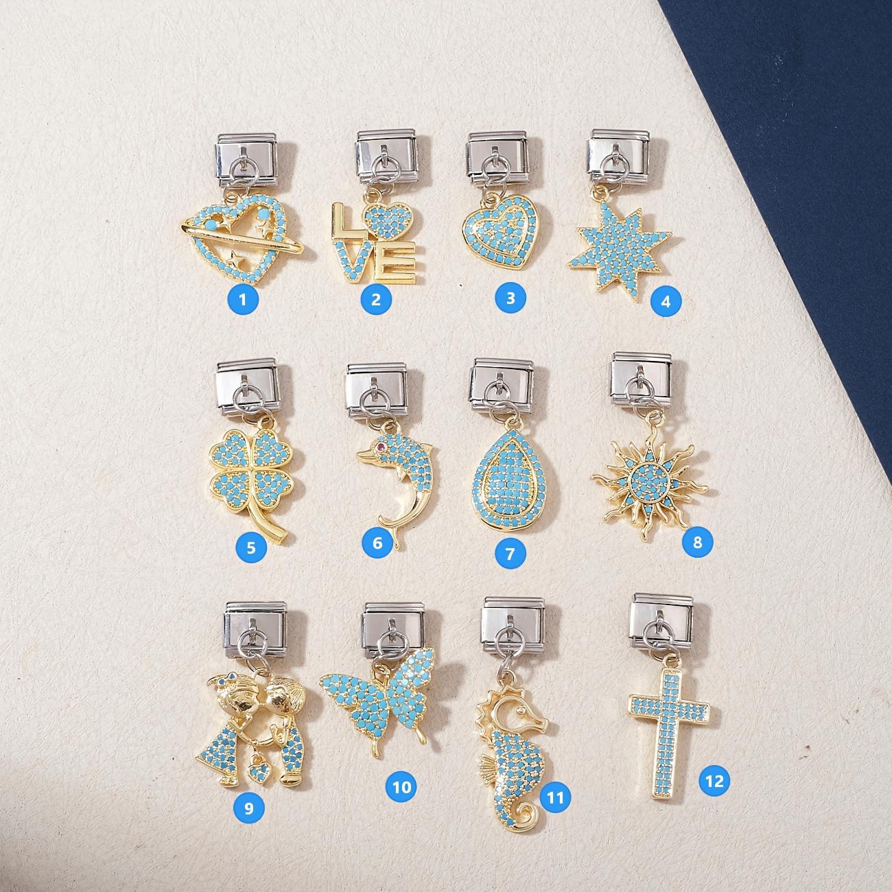 Wholesale Stainless Steel Electroplated Light Blue Heart Sun Seahorse Charm Bracelet DIY Fashion Accessory Gift