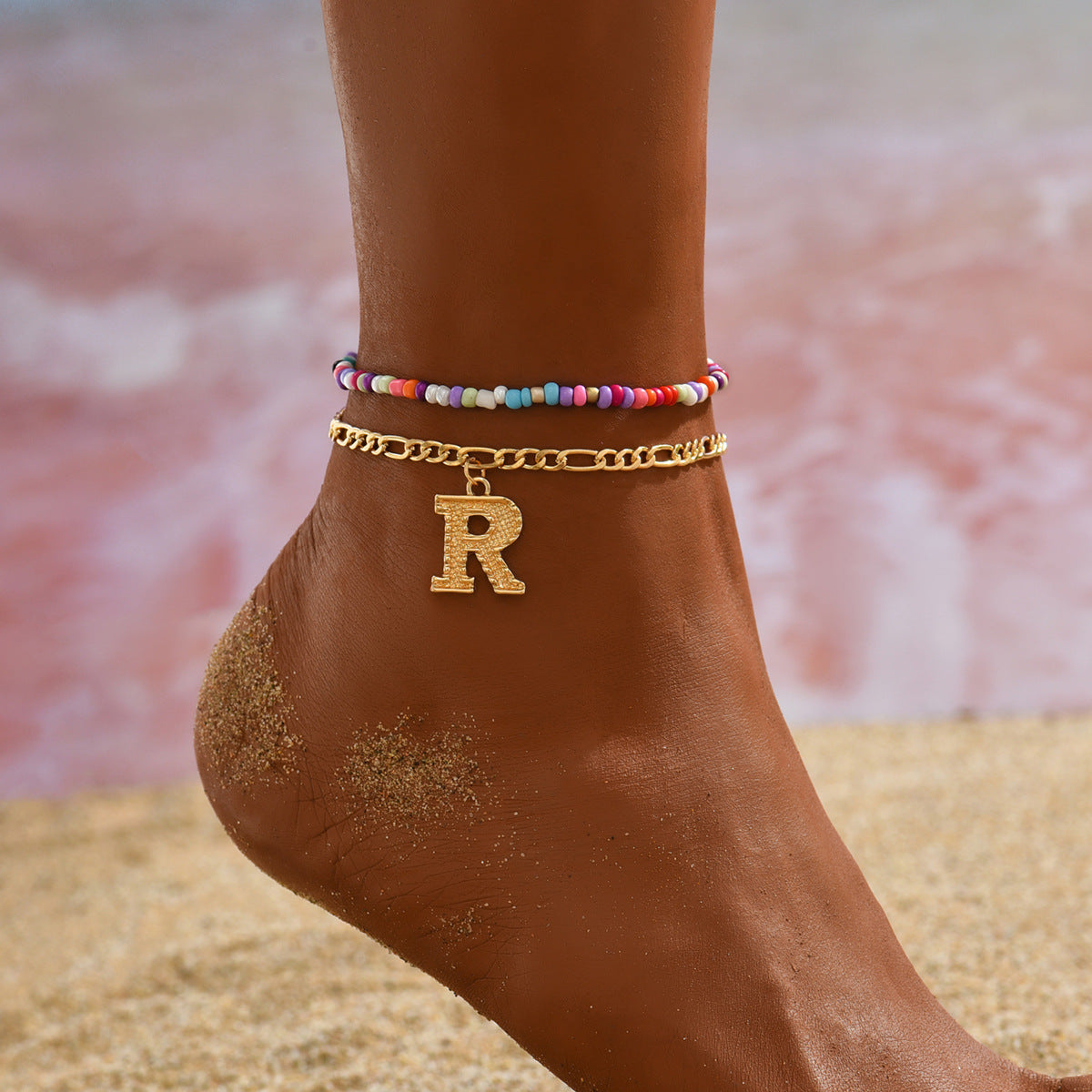 Wholesale mixed color seed beaded letter pendant anklet