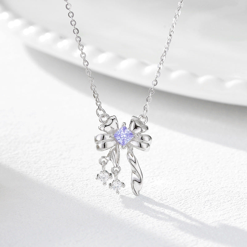 Wholesale Elegant Bow Zirconia Necklace S925 Sterling Silver Pendant Choker Jewelry