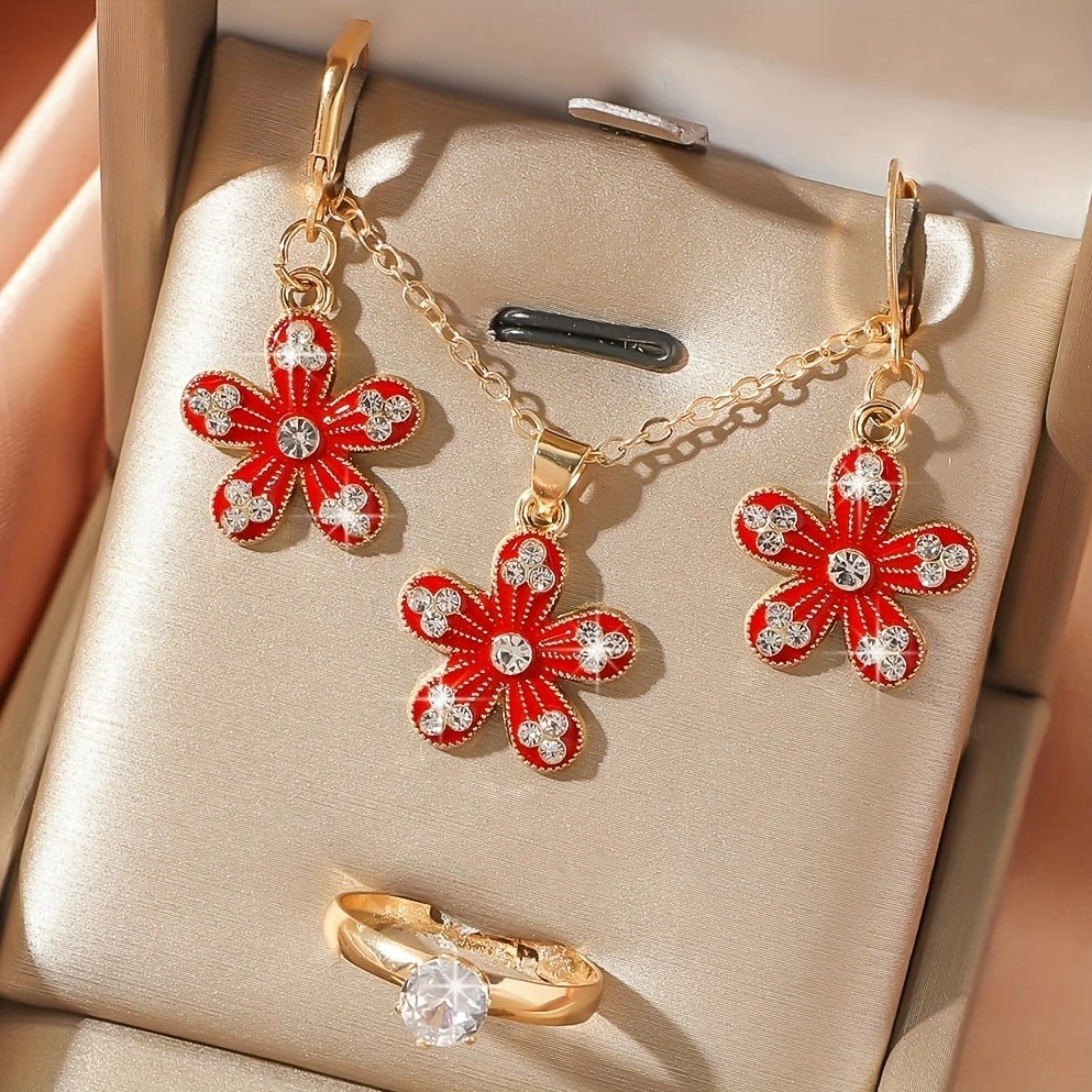 Wholesale Trendy Red Flower Rhinestone Necklace and Earrings Set,  Metal Electroplated Multi-Layer Chain,  Boutique Resale