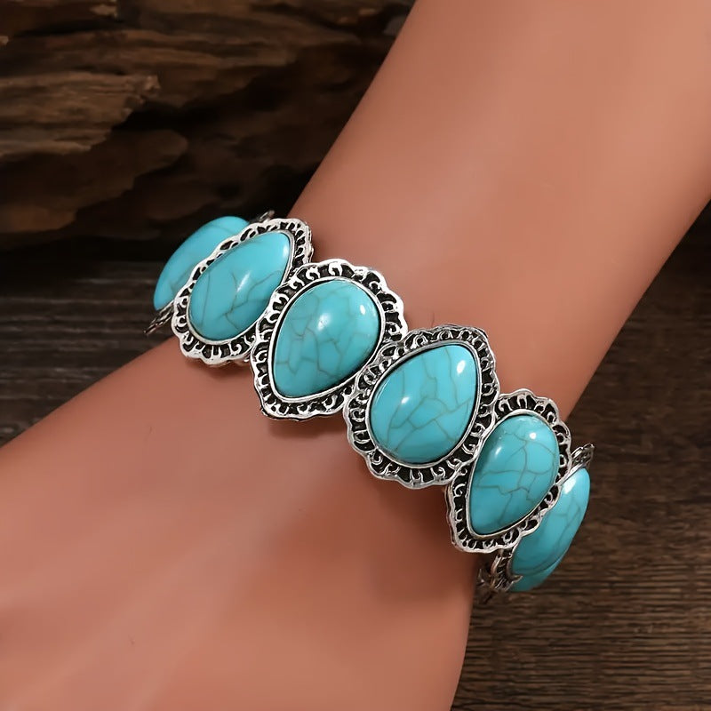 Wholesale Retro Love Pattern Turquoise Elastic Bracelet Zinc Alloy Electroplated Jewelry Accessory for Party Gift Boutique Resale