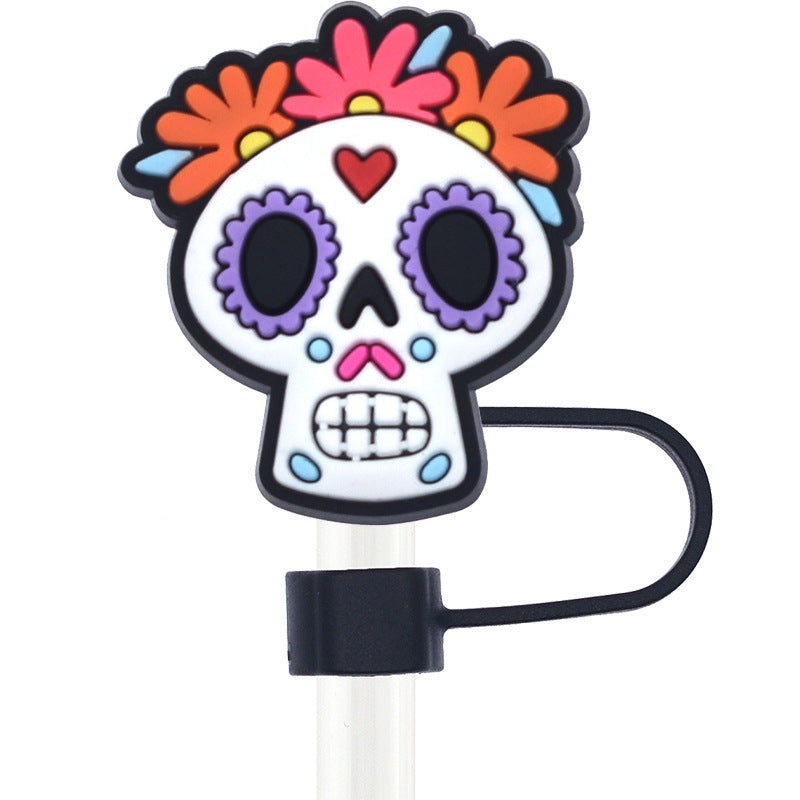 Wholesale Random 100pcs Day of the Dead Skull 10mm PVC Soft Straw Tube Cap ACC-SCR-RYY099