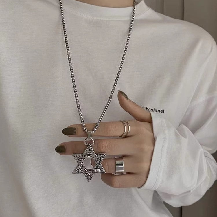 Wholesale Stylish Six Pointed Star Pendant Long Chain Necklace For Men Hip Hop Party Jewelry Accessory