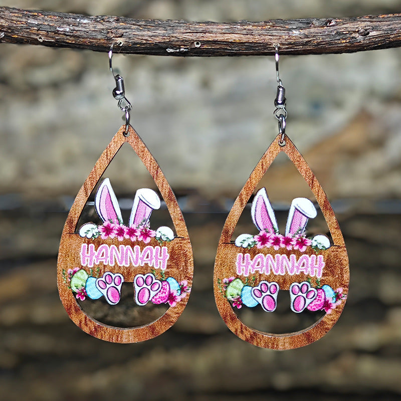 Wholesale Easter Earrings Cute Colorful Rabbit Egg Hollow Wooden Earrings
