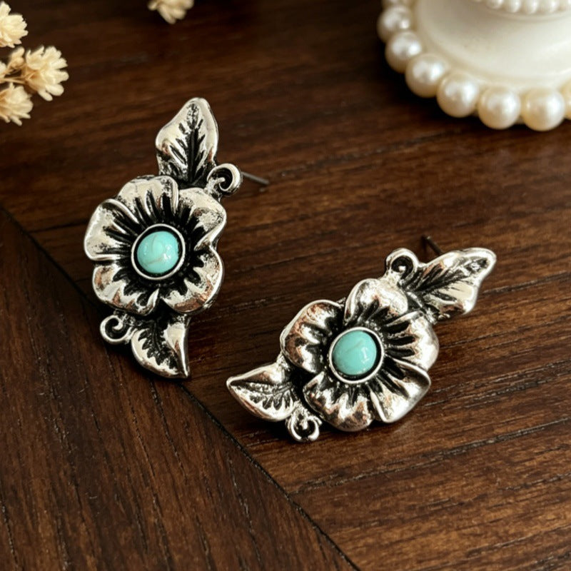 Wholesale Vintage Bohemian Turquoise Flower Earrings Antique Silver Alloy Stud Gift Jewelry