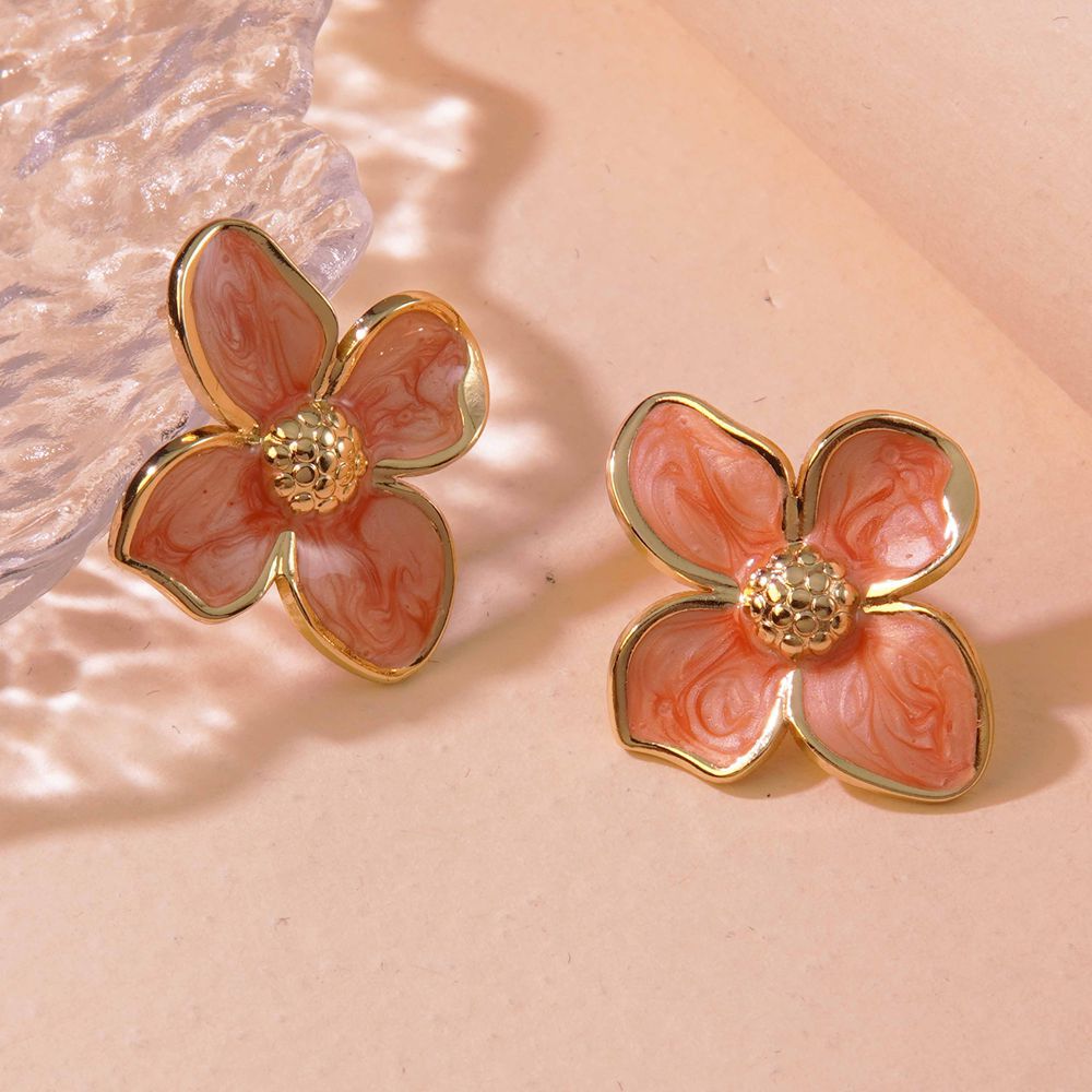 Wholesale  Retro Palace Flower Glaze Four-petal Flower Stainless Steel Earrings