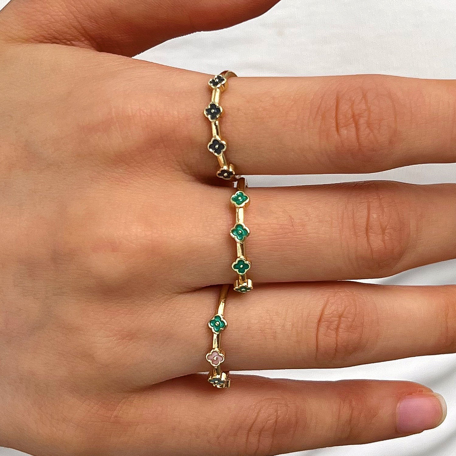 Wholesale Vintage Four Leaf Clover Colorful Flower Adjustable Copper Ring Fashion Jewelry Gift For Women