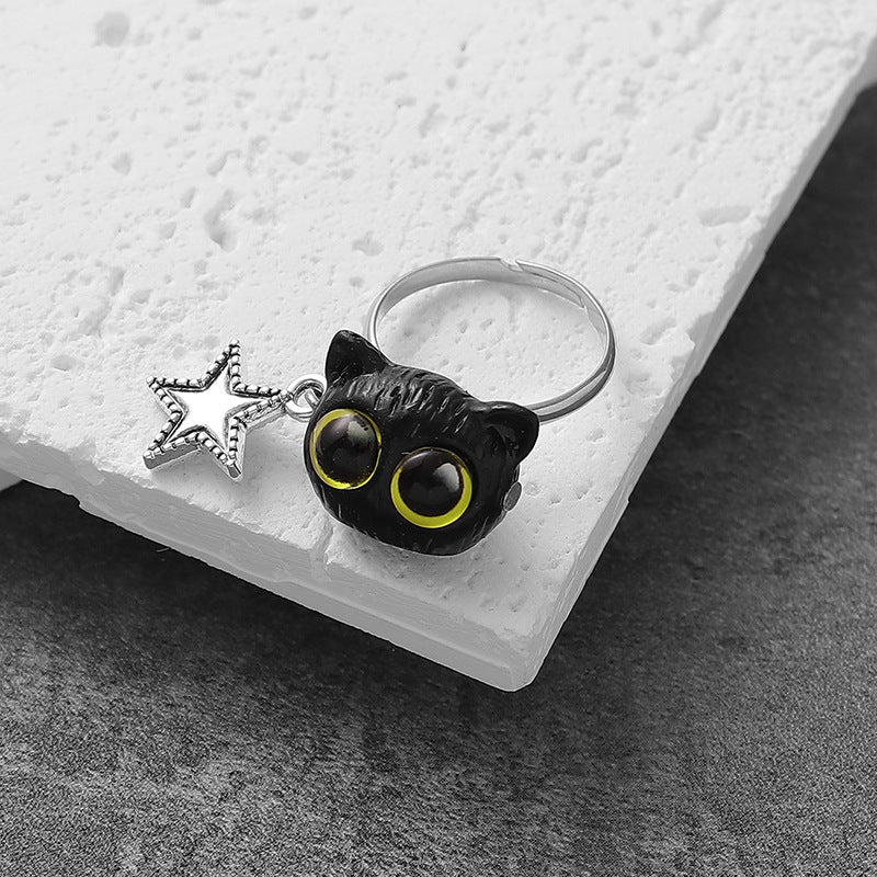 Wholesale resin big-eyed cat stitching five-pointed star pendant adjustable size fashion ring