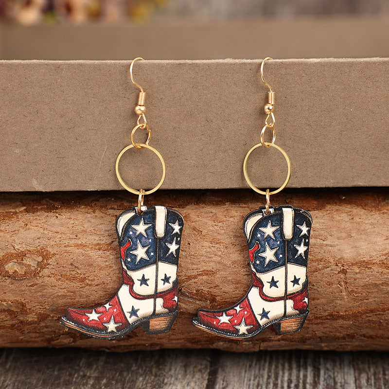 Wholesale American Independence Day Retro Western Boots Five-pointed Star Wooden Earrings