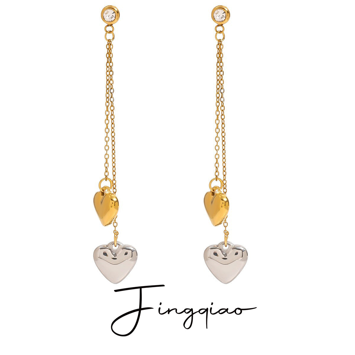 Wholesale  18k gold stainless steel white diamond gold and silver color matching smooth love tassel earrings