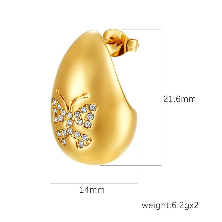 Wholesale  atmospheric stainless steel water drop inlaid butterfly grain zircon earrings