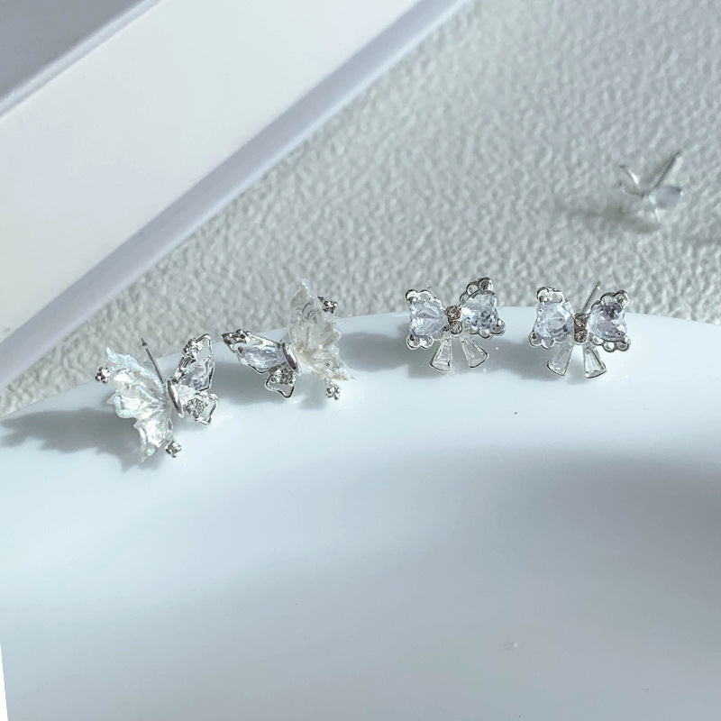 Wholesale Silver Inlaid Zircon Bow Earrings with Silver Needles  Sweet and Loving Elegant Earrings