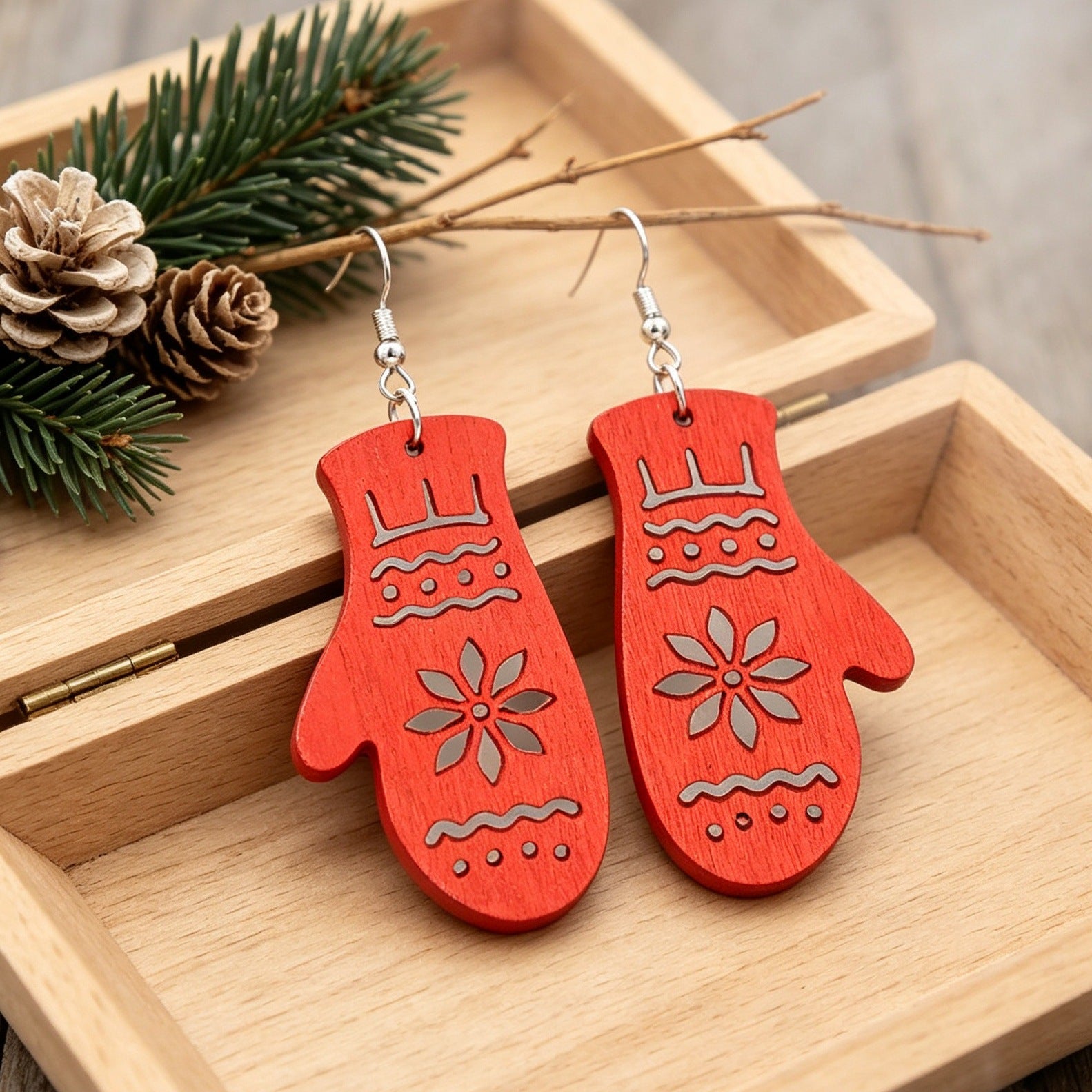 Wholesale Christmas Red Glove Print Wooden Earrings Hollow Design Gift Fashion Jewelry Accessory
