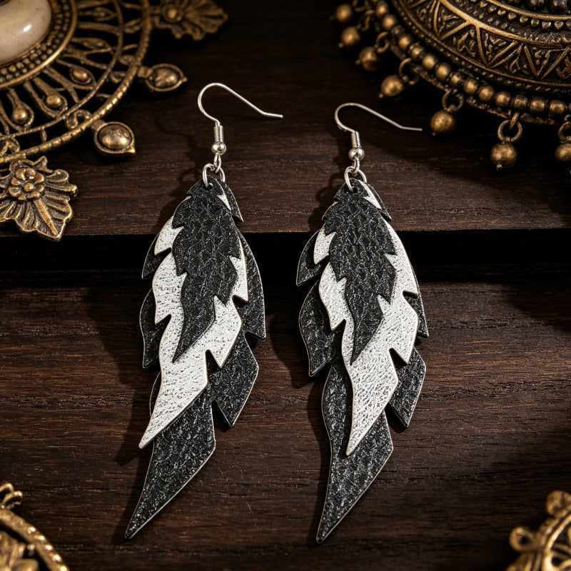 Wholesale Bohemian Black and White Feather Leather Earrings Fashion Jewelry Accessory Gift for Women