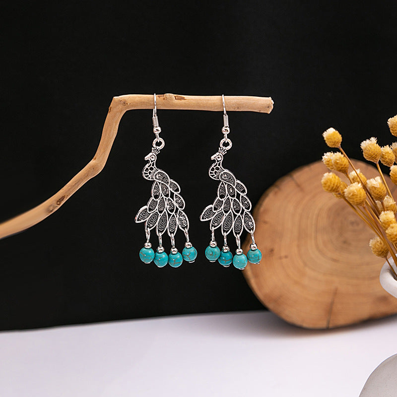 Wholesale retro ethnic style hollow flower tassel turquoise owl alloy earrings ACC-ES-MDD009